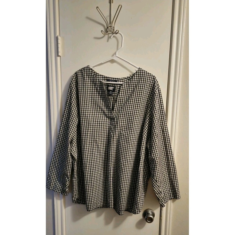 LANDS END Women's 100% Cotton Tunic Top 3X Checked Black White Lagenlook‎ Preppy